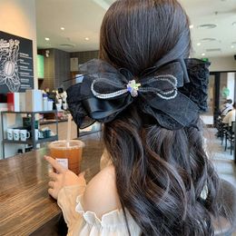 Make A Curly Girl~2023 Summer New Black Lolita Style Bow with Diamond Top Spring Clip