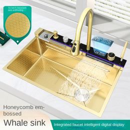 Gold 304 stainless steel kitchen waterfall sink, washbasin, large single sink, console controlled drainage LED light, piano button, intelligent sink
