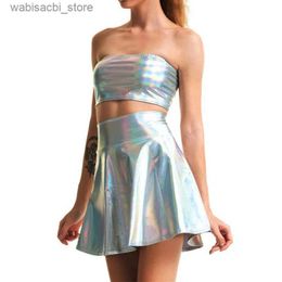 Sexy Skirt Bling Silver Holographic Women Strapless Tops Mini Skirts Two Piece Set Turtleneck Top y Skirt 2 Pcs Set Summer Streetwear L49