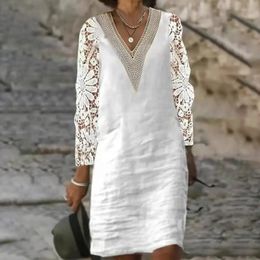 Summer White Dresses for Women Vintage Cotton Linen Hollow Out Lace Boho Dress Ladies Long Sleeve Beach ALine Party Robe 240415