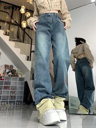 Women's Jeans Spliced Women High Waisted 2024 Fall Button Wide Leg Ankle-Length Denim Pants Fashion Vintage Burr Blue Trousers