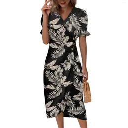 Casual Dresses Beach For Women Spring Summer Elegant Wrap V Neck Floral Boho Dress Flowy Ruched Hawaiian Maxi Roupas Feminina