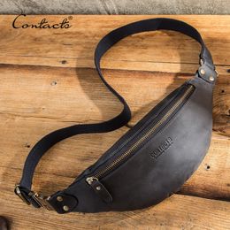 CONTACTS 100% Crazy Horse Leather Waist Packs Travel Fanny Pack For Men Leather Waist Bag Male Belt Bag Multifunction Chest Bag 240411