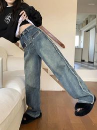 Women's Jeans Vintage Fall Thermal Blue Korean Fashion Baggy Wide-leg Women High-waisted Streetwear 2024 Pants