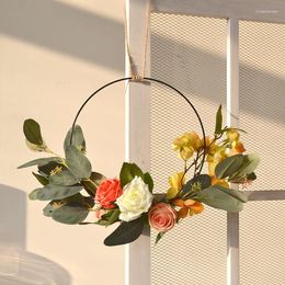 Decorative Flowers 25cm Artificial Flower Wreath DIY Accessories Handmade Iron Ring Home Door Wall Wedding Bridal Hand Crafts Garden Party