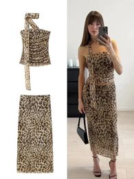 Fashion Leopard Print Maxi Skirt Suits For Women Sexy Off Shoulder Halter Pleated Tops Sets Chic Female Night Party Outfits 240415