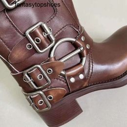 Miui Mivmiv Best-quality Designer Tall Women Boots Shoes Y2k Boots Style Brown Leather Biker Boot Round Toe Chunky Heel Martin Bootss Belt Buckle Trim Bpxg S8vo