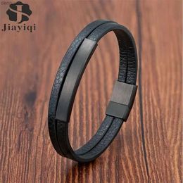 Other Bracelets Simple Style Mens Black Genuine Leather Bracelet Classic Stainless Steel Insert Double-layer Braid Bangles For Men Friend GiftL240415