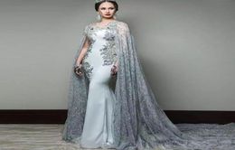 Newest Arabic Mermaid Evening Dresses With Cape Sleeve Jewel Neck Formal Lace Prom Gowns Sequined Sweep Train Celebrity Dress9090125