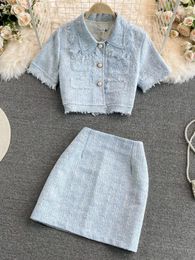 Summer Fashion Tweed 2 Piece Set For Women Korean Single Breasted Tassle Short Sleeve Tops And High Waist Bodycon Mini Skirt 240415