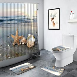 Shower Curtains Sunny Beach Starfish Shell Ocean Landscape Curtain Sea Waves Conch Natural Scenery Bathroom Decor Non-slip Bath Mats Set