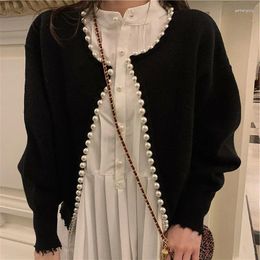 Women's Knits 2024 Autumn Round Neck Pearl Edging Knitwear Y2k Harajuku Short Long Sleeve Heavy Cardigan Sweater Fashion Casual Coat Women