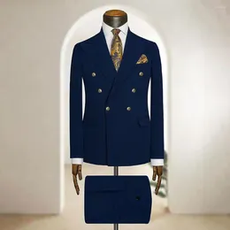 Men's Suits Fashion Navy Blue For Mens Double Breasted Business Blazer Wedding Groom 2 Piece Set Jacket Pants Costume Homme