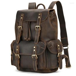 Backpack Men Retro Cow Leather Big Capacity 18 Inch Crazy Horse Rucksack Flap School Daypack Casual Travel Bag