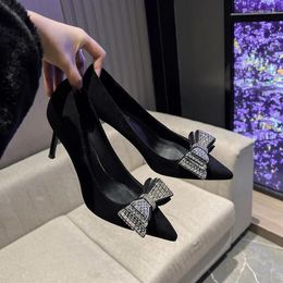 Dress Shoes Size 33-41 Summer High Heels Stiletto Heel Pointed Toe Rhinestone Bow Suede Black Work Women Pumps