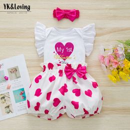 Valentine's Day Girl Baby Clothing Love Print Little Flying Sleeve Sweetheart Lantern Pants Hair Accessories 3-piece Set