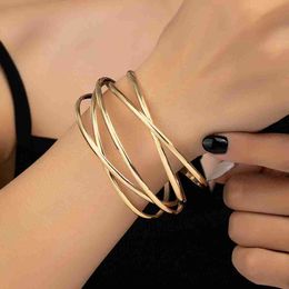 trinity braceletNew Fashion Simple Opening Multi layered Hollow Cross Bracelet Womens Simple Geometric Line Handicraft