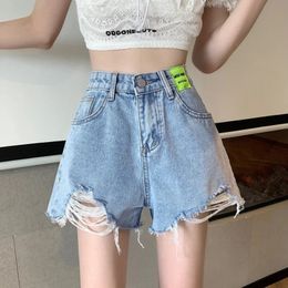 Denim Shorts Womens Summer Korean Version High Waist Loose and Thin Aline Allmatch Ripped Design Mini Pants Ins Rave Y2k Jean 240415