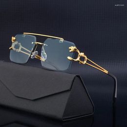 Sunglasses Fashion Metal Leopard Rimless Double Bridges Gradient Ocean Film Shades UV400 Eye Pretection Eyewear Gafas De Sol