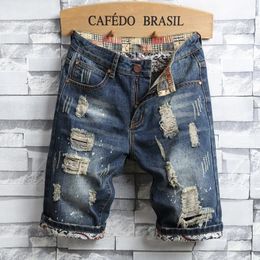 2024 Summer Men Vintage Ripped Short Jeans Streetwear Hole Slim Denim Shorts Male Brand Clothes 240415