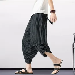 Men's Pants Men Summer Cropped Elastic Drawstring Waist Carrot Vertical Striped Print Harem Streetwear