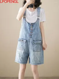 Women's Jeans Solid Summer Woman Literary And Casual Versatile Distressed Denim Shorts Loose Knee Length Five Jumpsuit Streetwear Overalls