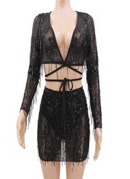 Two Piece Dress Black Mesh Sheer V Neck Sets Sexy Sequin Mini Tassel Outfits Ribbons Party Night Club Dresses5926680