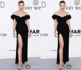 Sexy Black Side Split Evening Dresses 2016 Red Carpet Celebrity Prom Gowns Off The Shoudler With Hand Made Flowers4482711