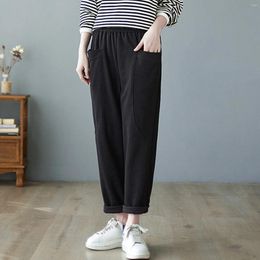 Women's Pants High Elastic Waist Black Pockets Casual Harem Loose Fit Trousers Women Fashion Tide Spring Autumn Corduroy 2024