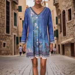 Casual Dresses Women's Ethnic Style Printed V Neck Dress Short Spring And Summer Long Sleeve Fashion Loose Above Knee