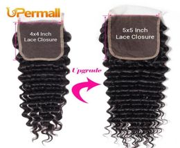 Upermall Virgin Brazilian Transparent Swiss Lace Closure 5x5 Deep Wave Human Hair Middle Three Part 12 14 16 18 20 22 24I61360577917267