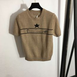 Womens Fashion Elegance Five Pointed Star Jacquard Letter Wool Blended Short Sleeved Knitted Shirt Top