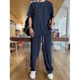 Summer Mens Korean Fashion Loose Silk Tracksuits Elastic Breathable Comfortable Thin Ruffled Tshirt Pants Two Piece Set Suit 240411