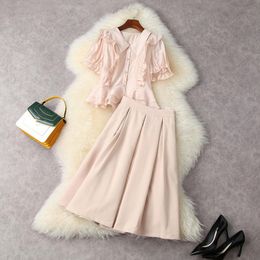 2021 Summer Half Sleeve Lapel Neck Pink Pure Color SingleBreasted Shirt Blouse Peplum MidCalf Skirt Two Piece Suits 2 Pieces S8136732