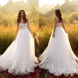 2024 New Wedding Dresses Spaghetti Straps Lace Appliques Beach Bridal Gowns Custom Made Open Back Sweep Train A Line Wedding Dress