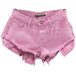 Women Pink Low Waist Hole Ripped Personalized Waisted Denim Shorts Jeans Wide Leg Pants 240415