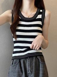 Tank Top Woman Luxury Designer Decoration Black white striped knitted wide shoulder strap round neck strap casual slim fit Sleeveless Backless Solid Color Vest