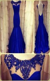 2016 Sexy Backless Evening Dresses Cap Sleeves Royal Blue Mermaid Sheer Neck Beaded See Through Formal Dress Prom Pageant Dresses 1856000