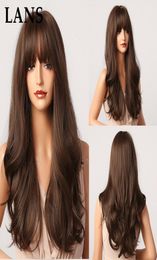 LANS Synthetic Ombre Brown to Blonde Hair Wigs with Bangs for Women Cosplay Heat Resistant Fiber Natural Black Wig1971135