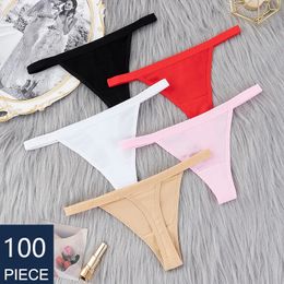 100 Pcs Sexy Women Cotton G String Thongs Low Waist Seamless Female Underpants Comfortable Elasticity Breathable Lingerie 240401