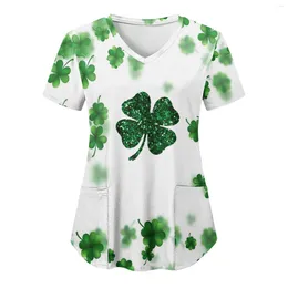 Women's T Shirts Women Shirt Short Sleeve V Neck Scrub Uniform Green Clover Print Nursing Top St. Patrick's Day Carers Healthcare