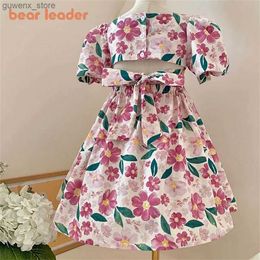 Flickans klänningar Bear Leader Girls Dresses Summer New Girls Puff Sleeve Floral Dress Fashion Dress Birthday Party Princess Dress Vestidos 3-7 Y Y240415