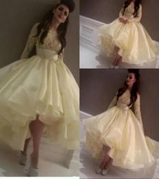 2015 Short Party Dresses Kneelength Long Sleeve Prom Dresses Lace Appliques Crew Ruffles Pleats Ruched Beaded Crystals Puffy Prom8733872