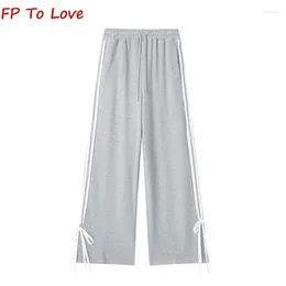 Women's Pants Y2K High Waisted Loose Side White Stripe Design Bow Straight Sweatpants Elastic Waist Wide Leg Trousers