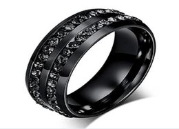 2018 New Fashion Men039s Ring Black Crystal Ring Titanium Steel FullDrill Double Row Circle Diamond Wedding Ring5042568