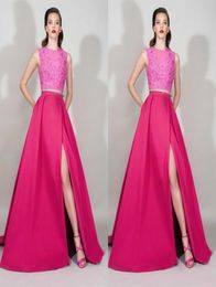 Zuhair Murad 2016 Fuchsia Lace And Satin Two Pieces Evening Dresses Sexy Split Side With Sequin Prom Gowns Custom Made China EN1217491818
