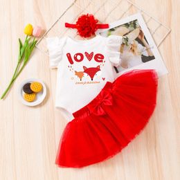 Yeni Valentine's 2024 Günlük Bebek Giyim Küçük Uçan Kollu Sevgilim Prenses Elbise Seti 3 Parçalı Bebek Giyim