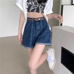 Summer Women High Waist Button Wigh Leg Jeans Shorts Casual Female Loose Fit Blue Denim 240415