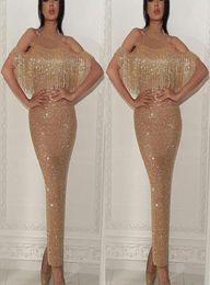 Sparkly Gold Sequined Mermaid Long Prom Dresses 2019 New Style Ankle Length High Neck Off Shoulder Formal Evening Party Gowns with6719970