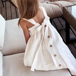 Girls Cotton And Linen Sleeveless Suspender Dress With Adjustable Shoulder Straps Summer Casual Pocket Kids Dresses TZ77 240413